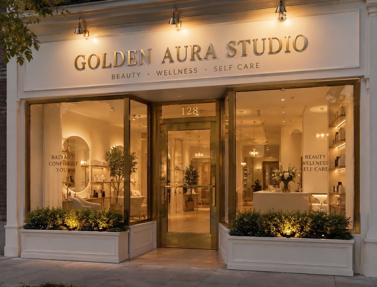 Studio storefront at dusk with warm lighting